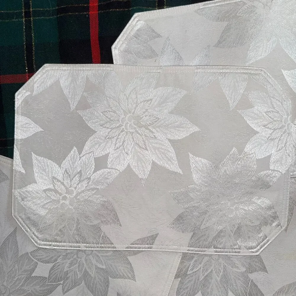 Set‎ of 7 White Woven Poinsettia Pattern Placemats with Cut Corners